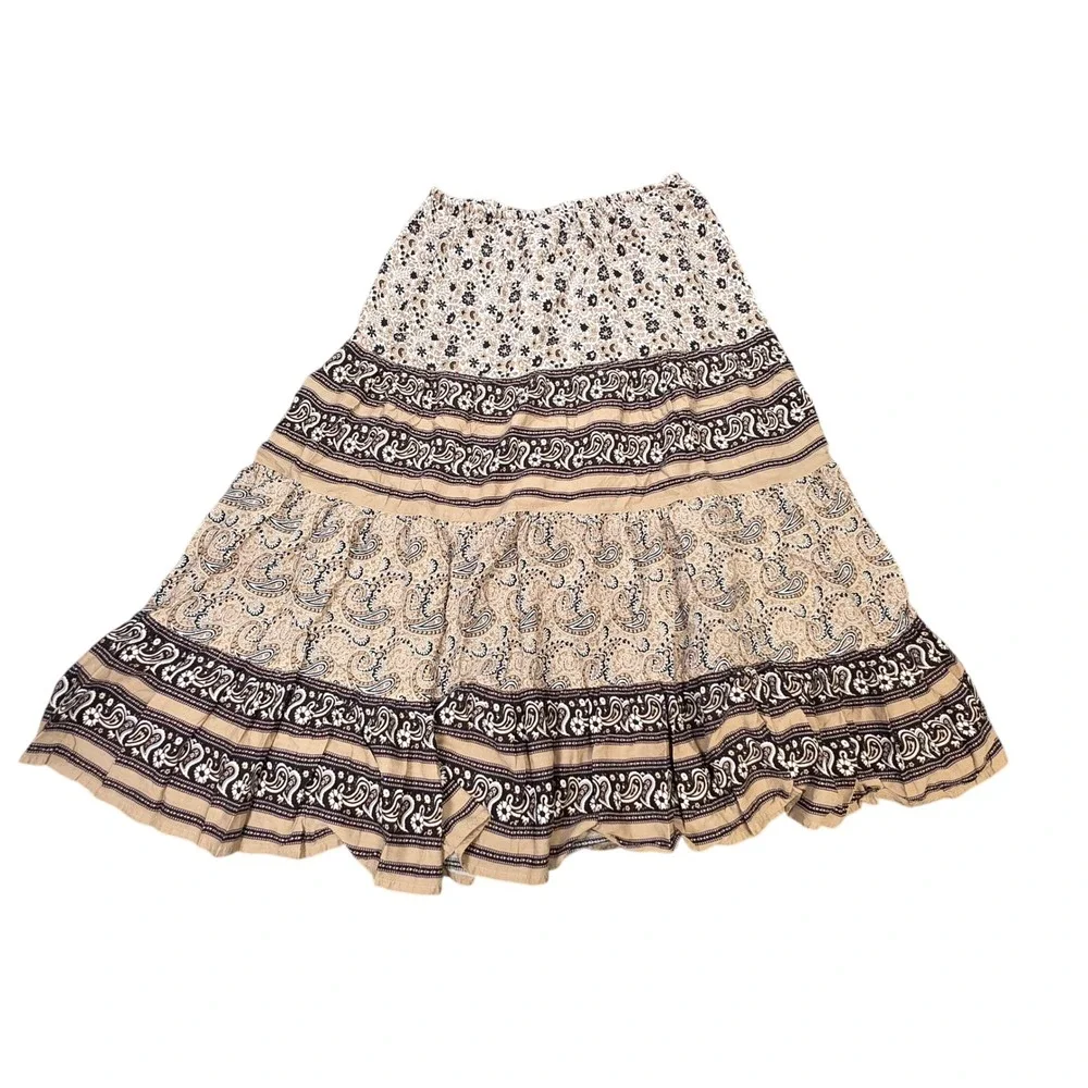Vintage White Stag Tiered Tea Skirt Women's Size M 8/10 Tan Khaki Floral Paisley